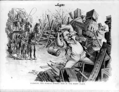 Cartoon of Speaker of the House Thomas Brackett Reed, with huge sledge hammer, breaking up the broadblocks of the disappearing Quorum and dilatory motion LCCN2003669699