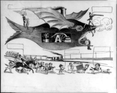 Cartoon showing monstrous balloon competing with railroad train as a freight carrier LCCN2007678830