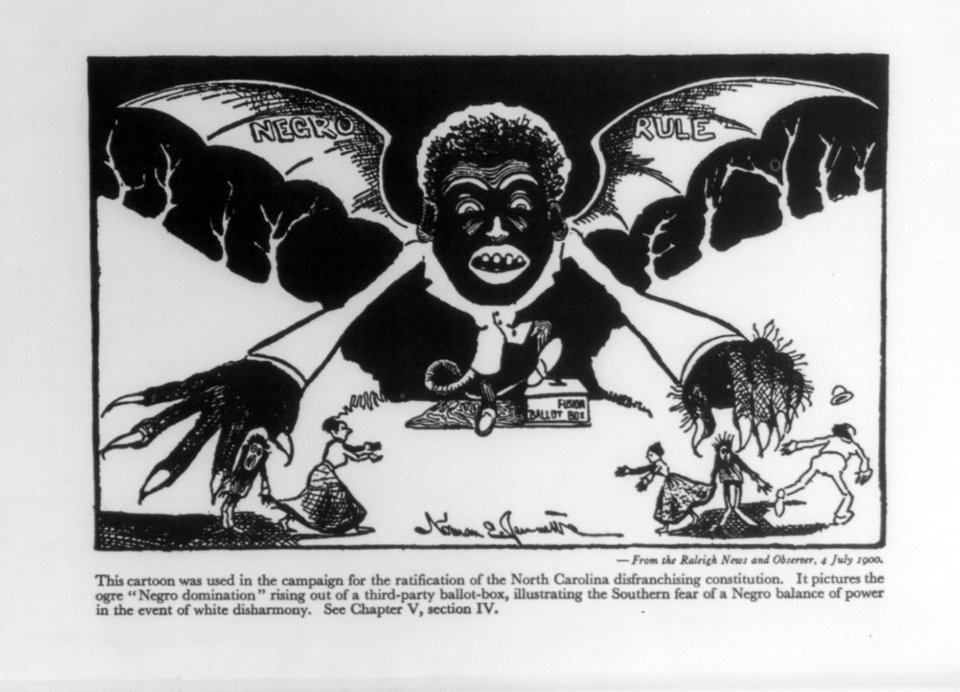 Cartoon used in the campaign for the ratification of the North Carolina disfranchising constitution- shows hideous Negro vampire bat Negro Rule rising from a fusion (3rd party) ballot LCCN2007681651