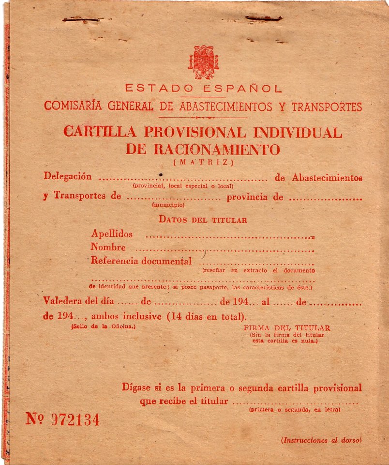 Cartilla de racionamento (portada)