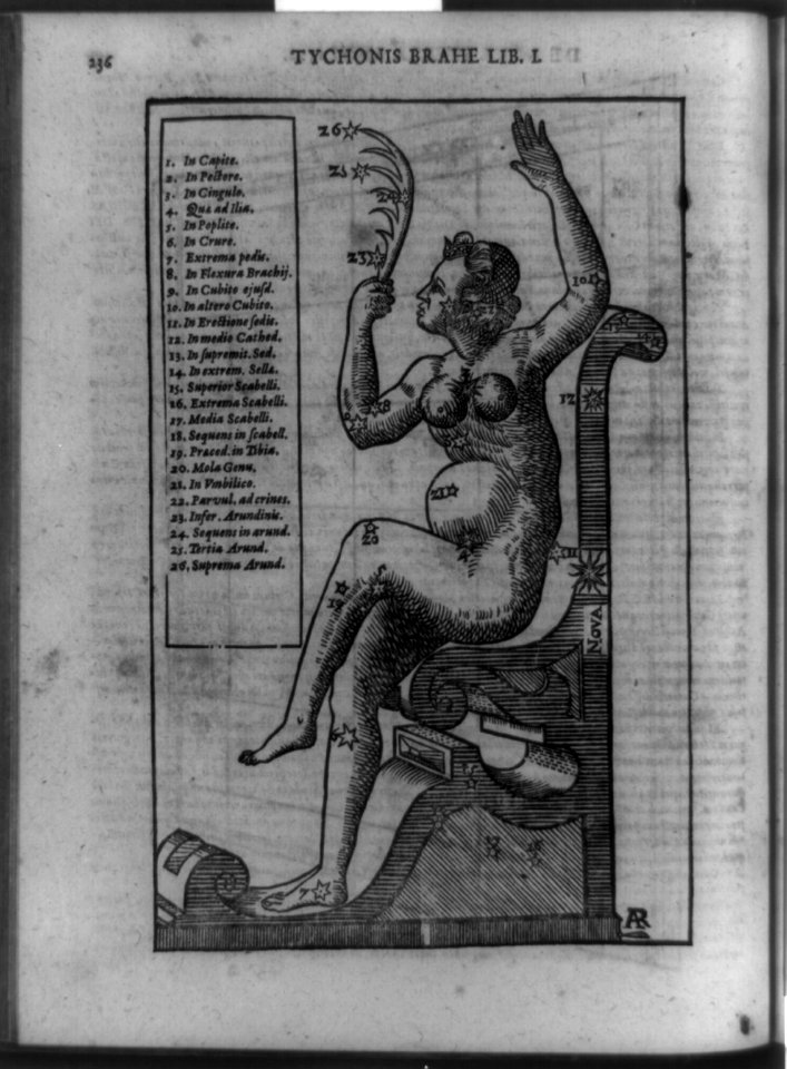Cassiopeia constellation depicted as Cassiopeia in chair, with key to stars' names at left and new star or nova at right LCCN92516380