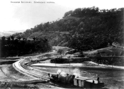 Caucasus RR train below Tkvebulski curves. ca. 1890s