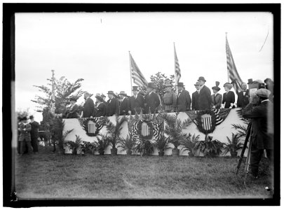 CAVALRY REVIEW BY PRESIDENT WILSON. SEEN IN STAND- PRESIDENT WILSON; GENERAL WOOD; COL. HARTS; DR. GRAYSON; GARRISON LCCN2016865019