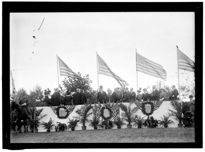 CAVALRY REVIEW BY PRESIDENT WILSON. SEEN IN STAND- PRESIDENT WILSON; GENERAL WOOD; COL. HARTS; DR. GRAYSON; GARRISON LCCN2016865016