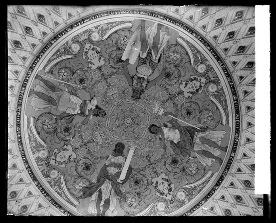 Ceiling, Library (of Congress, Thomas Jefferson Building, second floor, southwest pavilion of the Discoverers showing mural by George W. Maynard, Washington, D.C.) LCCN2016819411