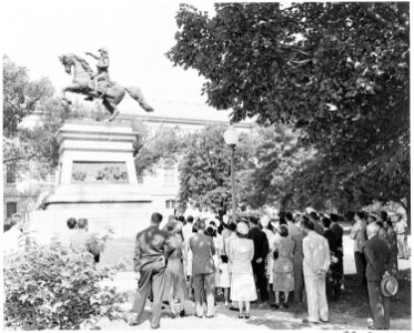 Ceremony in front of an equestrian statue of Jose de San Martin, Washington, EC. - NARA - 199870