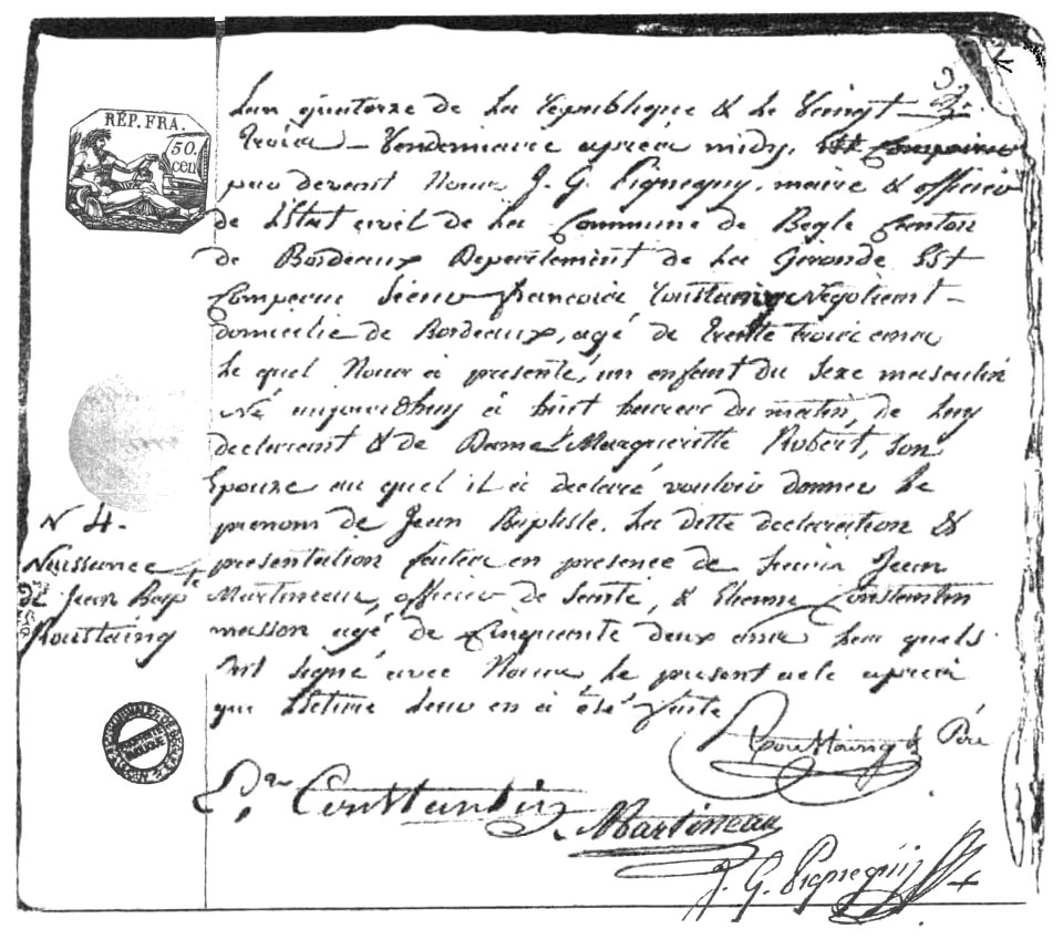 Certidão nascimento Roustaing