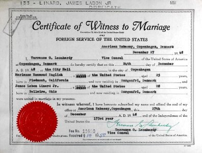 Certificate of Witness to Marriage photo
