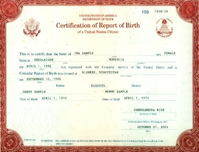 Certification of Report of Birth of a United States Citizen photo