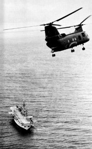 CH-46 Sea Knight approaches USS Tripoli (LPH-10), circa in 1968