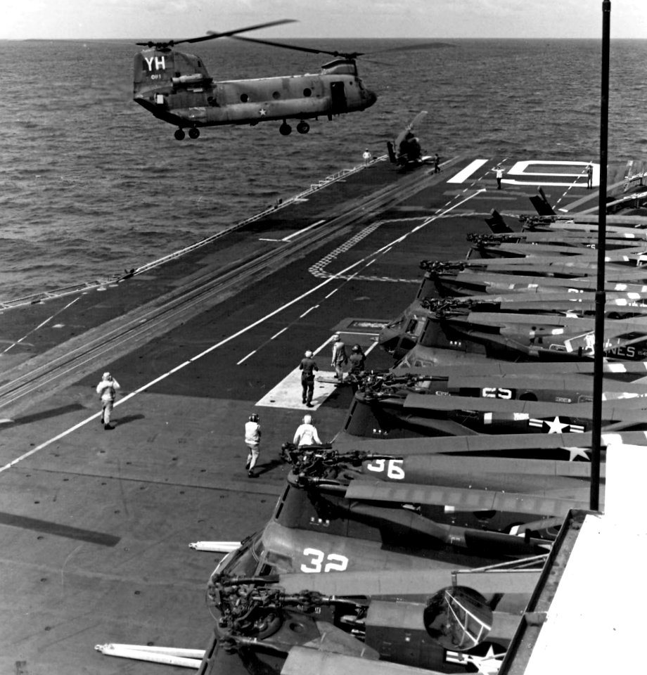 CH-47 lands on USS Hancock (CVA-19) during evacuation of South Vietnam 1975