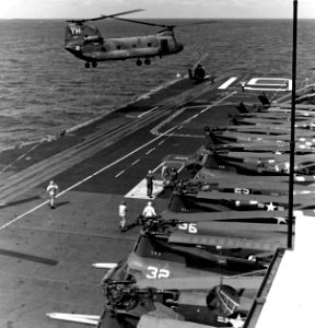 CH-47 lands on USS Hancock (CVA-19) during evacuation of South Vietnam 1975
