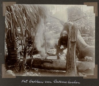 Collectie NMvWereldculturen, RV-A102-1-177, 'Het bakken van Cassavekoeken'. Foto- G.M. Versteeg, 1903-1904