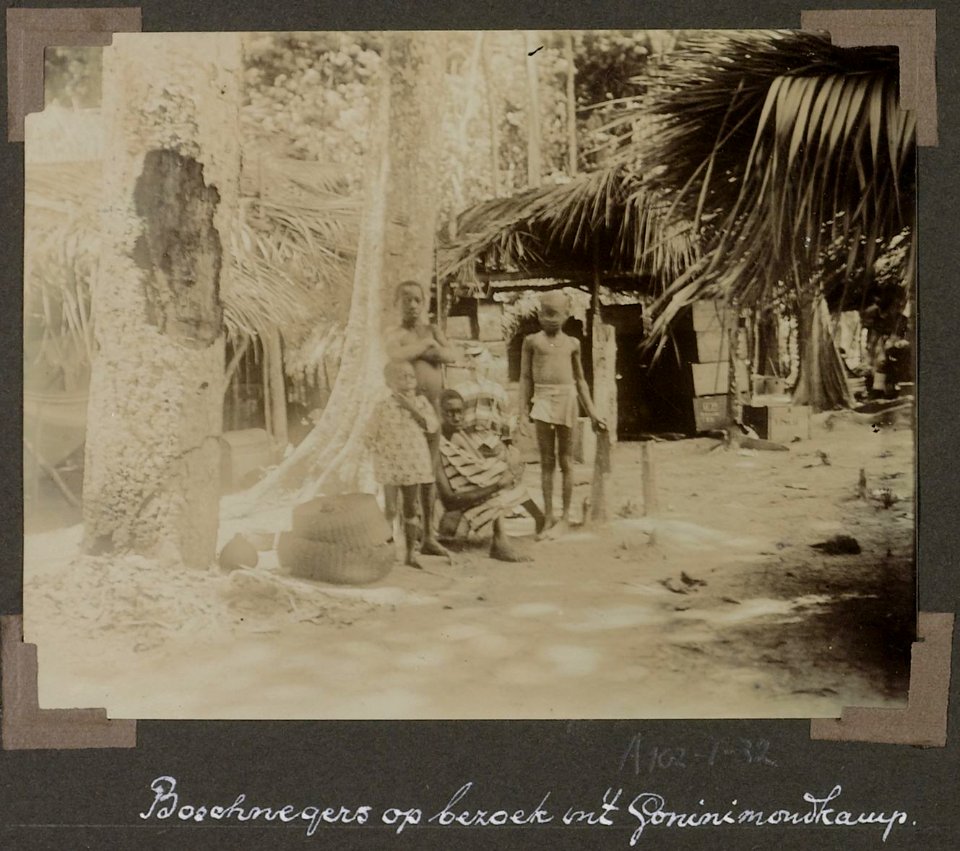 Collectie NMvWereldculturen, RV-A102-1-32, 'Boschnegers op bezoek in het Goninimondkamp'. Foto- G.M. Versteeg, 1903-1904