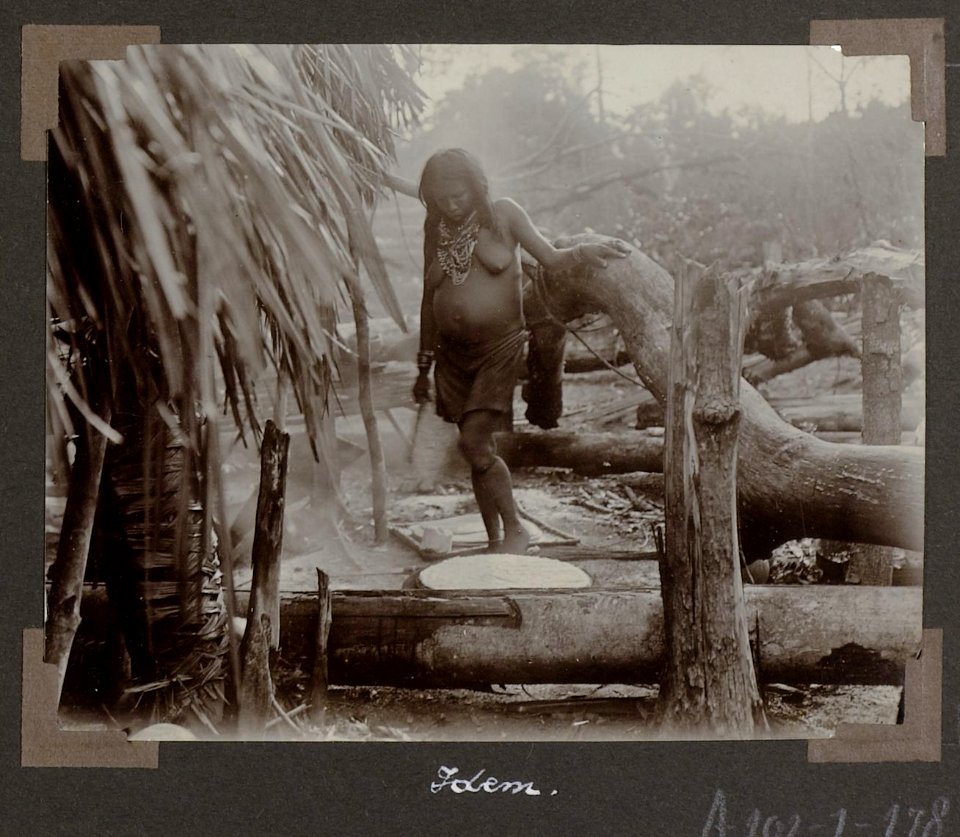 Collectie NMvWereldculturen, RV-A102-1-178, 'Het bakken van Cassavekoeken'. Foto- G.M. Versteeg, 1903-1904