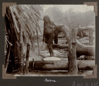 Collectie NMvWereldculturen, RV-A102-1-178, 'Het bakken van Cassavekoeken'. Foto- G.M. Versteeg, 1903-1904