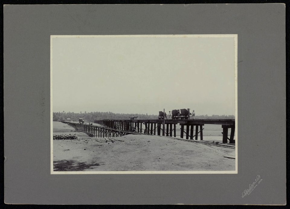 Collectie NMvWereldculturen, RV-A364-2, foto, 'Activiteit rond twee bruggen met spoorlijn in de omgeving van Yogyakarta op Midden-Java', fotograaf L. Che Lan & Co., 1900-1918