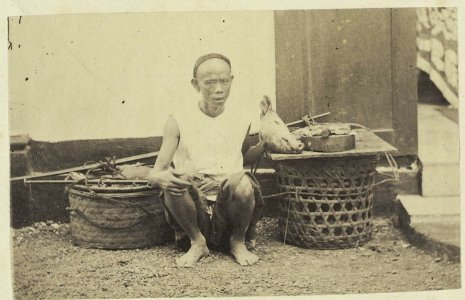 Collectie NMvWereldculturen, RV-A41-1-113, Foto, 'Chinese verkoper van kippen op Java', fotograaf Woodbury & Page, 1856-1878