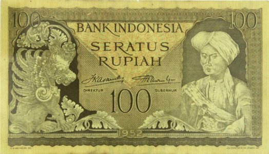 Collectie NMvWereldculturen, TM-4328-28, Bankbiljet - rupiah- Bankbiljet, één van de eerste van de onafhankelijke Republiek Indonesia, 1952