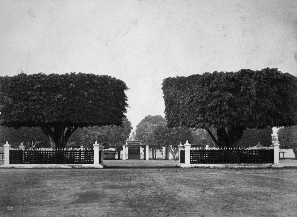 Collectie NMvWereldculturen, TM-60025011, Foto, 'De waringins op de alun-alun bij de ingang van de kraton van de sultan van Yogyakarta', fotograaf Woodbury & Page, 1857-1874