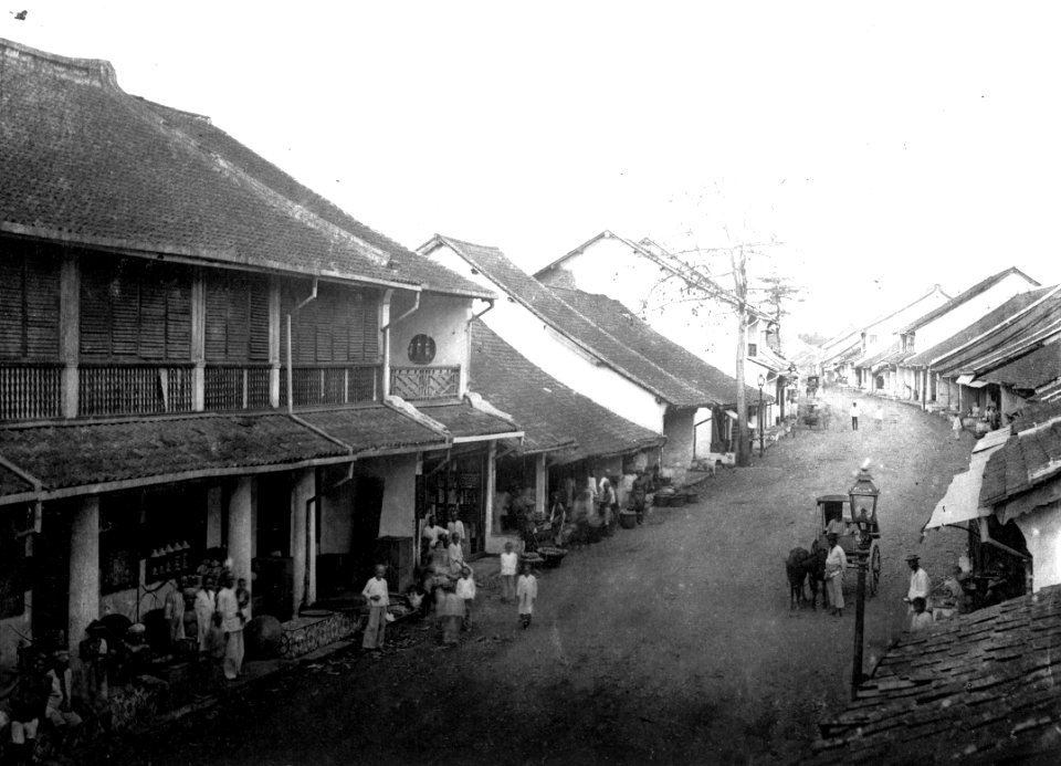 Collectie NMvWereldculturen, TM-60022218, Lichtdruk, 'Straatgezicht met winkels in de Chinese wijk van Buitenzorg', fotograaf C. (Carl) Lang, 1860-1900