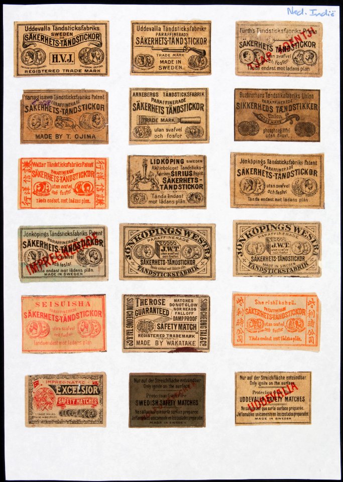 Collectie NMvWereldculturen, TM-6477-114, Etiketten van luciferdoosjes, 1900-1949