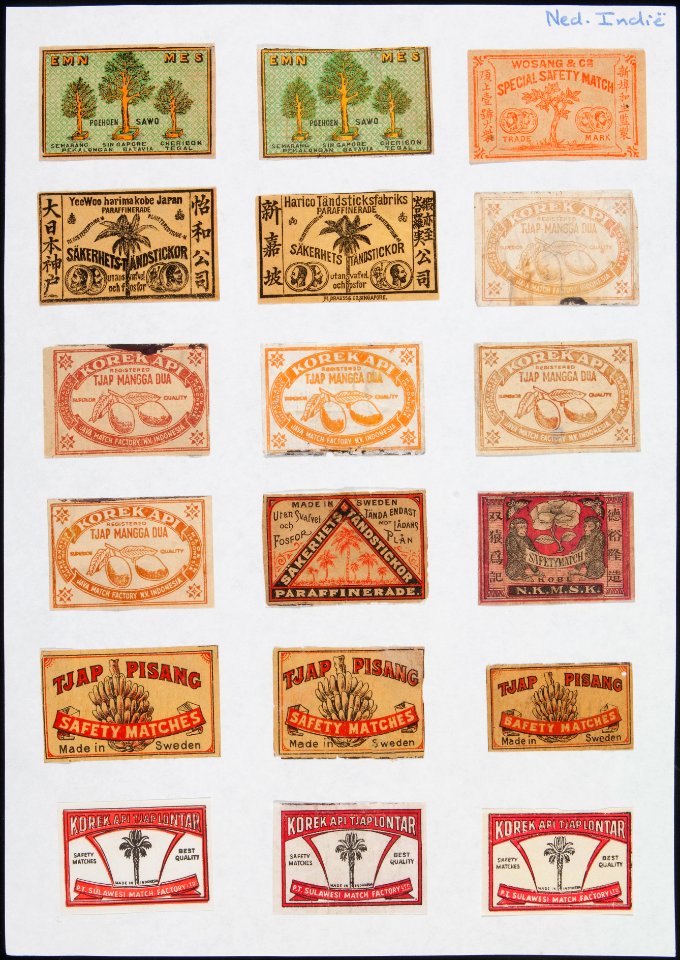 Collectie NMvWereldculturen, TM-6477-10, Etiketten van luciferdoosjes, 1900-1949