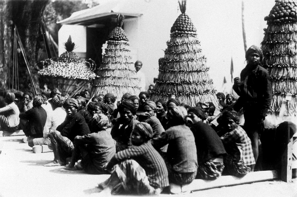 Collectie NMvWereldculturen, TM-60047230, Foto, 'Gunungans die worden meegedragen in een Garebeg-optocht in de kraton van de sultan van Yogyakarta', fotograaf Fotohandel Zindler, 1920-1931