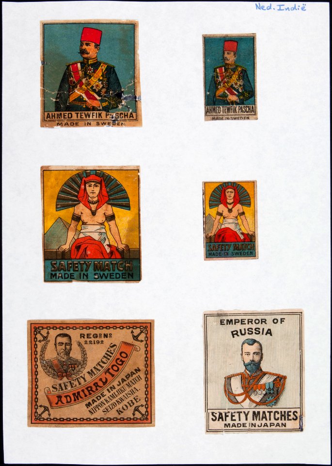 Collectie NMvWereldculturen, TM-6477-142, Etiketten van luciferdoosjes, 1900-1949
