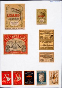 Collectie NMvWereldculturen, TM-6477-184, Etiketten van luciferdoosjes, 1900-1949