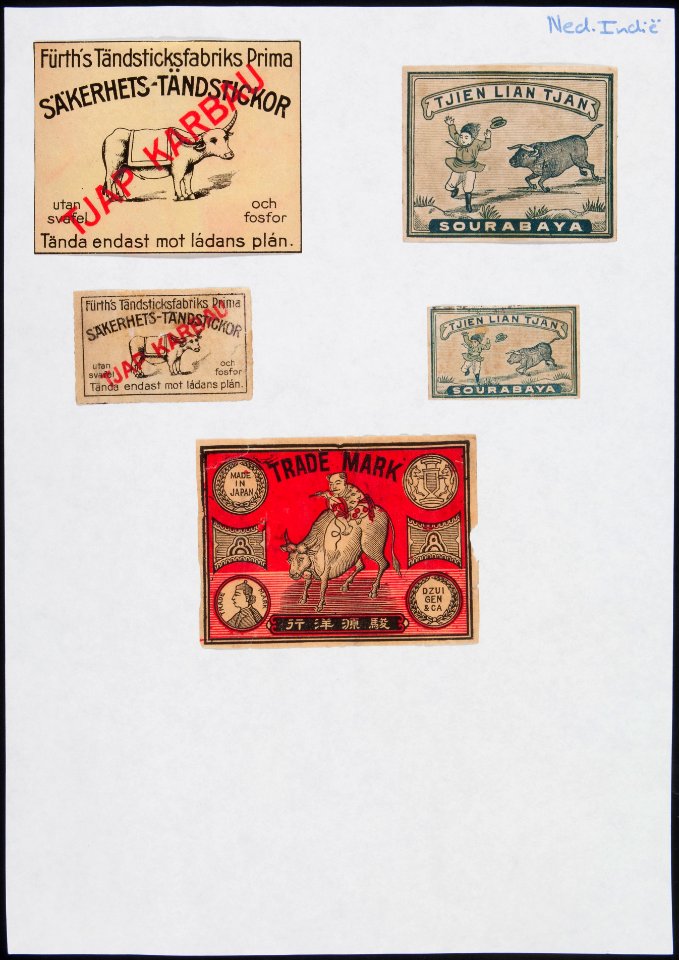 Collectie NMvWereldculturen, TM-6477-37, Etiketten van luciferdoosjes, 1900-1949
