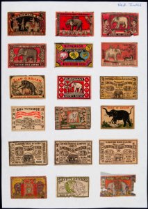 Collectie NMvWereldculturen, TM-6477-61, Etiketten van luciferdoosjes, 1900-1949