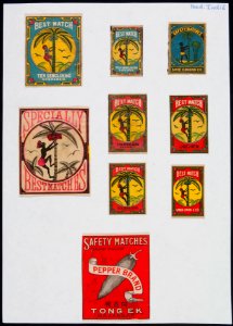 Collectie NMvWereldculturen, TM-6477-8, Etiketten van luciferdoosjes, 1900-1949