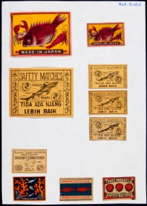 Collectie NMvWereldculturen, TM-6477-94, Etiketten van luciferdoosjes, 1900-1949