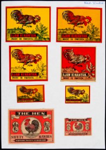 Collectie NMvWereldculturen, TM-6477-84, Etiketten van luciferdoosjes, 1900-1949