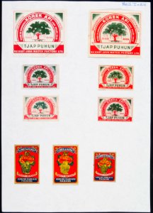 Collectie NMvWereldculturen, TM-6477-9, Etiketten van luciferdoosjes, 1900-1949