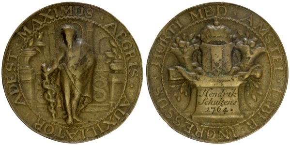 Collegium Medicum toegangspenning Hortus Medicus t.n.v. Hendrik Schultens, 1764, objectnr PA 1082
