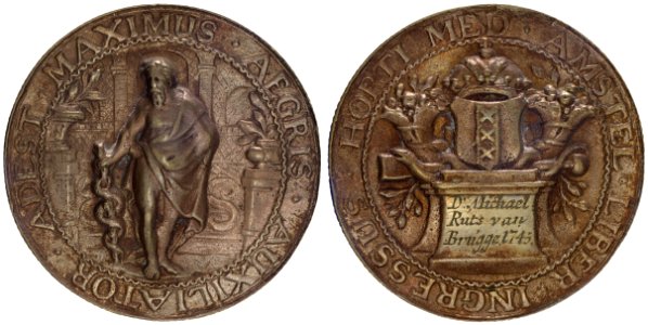 Collegium Medicum toegangspenning Hortus Medicus t.n.v. Dr. Michael Ruts van Brugge, 1745, objectnr PA 1088