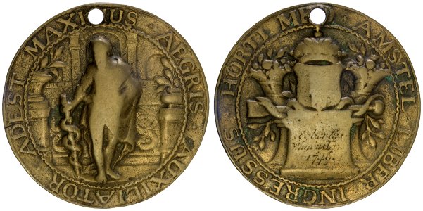 Collegium Medicum toegangspenning Hortus Medicus t.n.v..Egbertus ..(onleesbaar), 1749. (Egbertus Wiardus Teepkens ), objectnr PA 1101