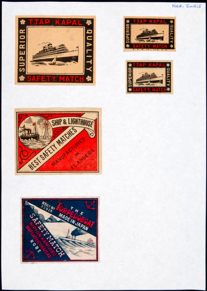 Collectie NMvWereldculturen, TM-6477-174, Etiketten van luciferdoosjes, 1900-1949