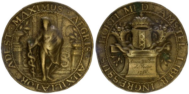 Collegium Medicum toegangspenning Hortus Medicus t.n.v. Simon Willem de Voogt, 1756 (aanstelling als apothekersleerling), objectnr PA 1103