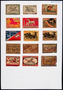 Collectie NMvWereldculturen, TM-6477-34, Etiketten van luciferdoosjes, 1900-1949