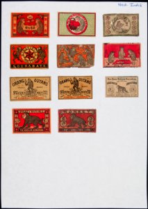 Collectie NMvWereldculturen, TM-6477-49, Etiketten van luciferdoosjes, 1900-1949
