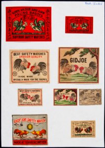 Collectie NMvWereldculturen, TM-6477-81, Etiketten van luciferdoosjes, 1900-1949