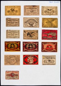 Collectie NMvWereldculturen, TM-6477-89, Etiketten van luciferdoosjes, 1900-1949