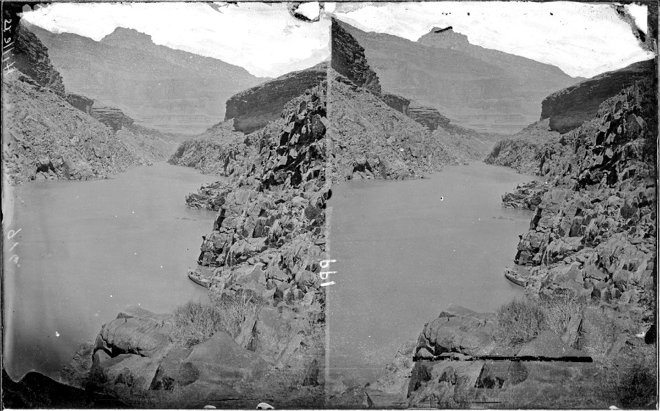Colorado River. Grand Canyon, granite running under. Major Powell's boat shows at the right bank. - NARA - 518014