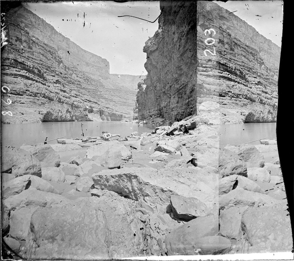Colorado River. Marble Canyon, 1872. Hillers Photo, 1-3 gone. The Major's armchair on the boat shows - NARA - 517985