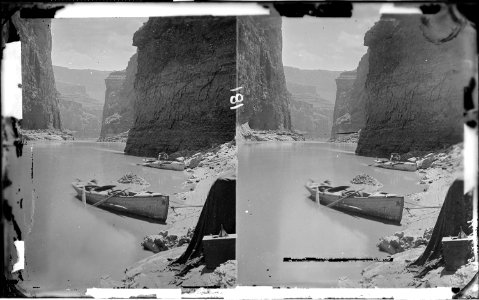 Colorado River. Marble Canyon, 1872. Shows two boats anchored, one with Major Powell's chair with - NARA - 518002