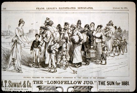 Columbia welcomes the victims of German persecution to the asylum of the oppressed (female personification of Columbia welcoming German Jewish immigrants) LCCN2001696516
