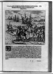 Columbus landing on Hispaniola, Dec. 6, 1492; greeted by Arawak Indians LCCN2003680406